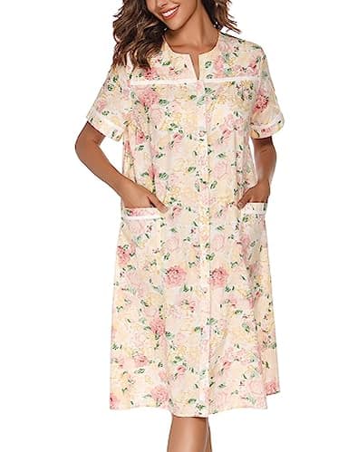 YOZLY House Dress Womens Cotton Housecoat Short Sleeve Duster Robe with Pockets Flower Pink, Small - Image 2