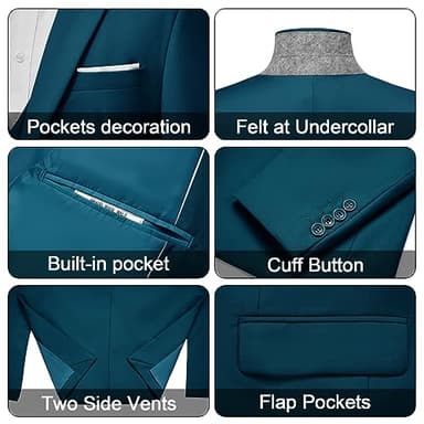 MAGE MALE Men's 3 Pieces Suit Elegant Solid One Button Slim Fit Single Breasted Party Blazer Vest Pants Set Teal Blue - Image 4