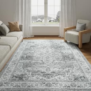 HUGEAR 5x7 Area Rug - Vintage Machine Washable Grey Chenille Print Rug - Lightweight Low Pile Carpet Throw for Living Room, Bedroom, Office, Dining Room, Kitchen, Laundry - Non Slip - Image 3