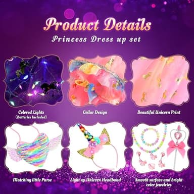 Fedio Princess Dress up for Girls,Unicorn Light up Princess Cape Set,Light up Princess Dress with Unicorn Toys for Girls 3-8 Halloween - Image 5