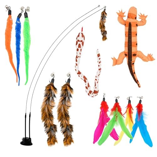 Cat Wand Toy With Suction Cups Interactive Feather Teaser Wand With Worms & Catnip Lizard Snake Chew Toys Cat Toys For Indoor Cats & Kittens Enrichment Toy For Bored Cats With 6 Colorful Attachments - Image 1