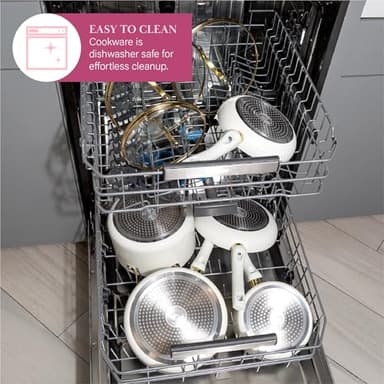 Paris Hilton Epic Nonstick Pots and Pans Set, Multi-layer Nonstick Coating, Tempered Glass Lids, Soft Touch, Stay Cool Handles, Made without PFOA, Dishwasher Safe Cookware Set, 12-Piece, Cream - Image 7