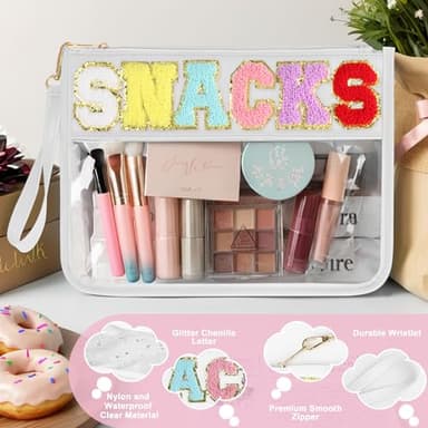 Snack Bag for Travel - Clear Chenille Varsity Letter Flat Pouch with Zipper, Waterproof Clear PVC&PU Preppy Patch Makeup Cosmetic tote Bags for Women Girls (White-Snacks) - Image 3