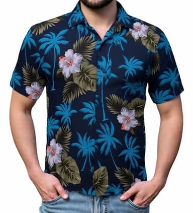 Mens Hawaiian Shirts Tops Short Sleeve Floral Button Down Beach Shirt Vintage Tropical Palm Summer Lightweight Blouses Male Navy Blue - Image 1
