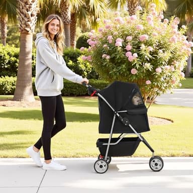 BestPet | 3-Wheel Pet Stroller | Dog and Cat Stroller | Breathable Mesh | Lightweight Travel Carrier | Waterproof & Foldable Design | Storage Basket | Black | for Daily Walks & Outdoor Use - Image 2
