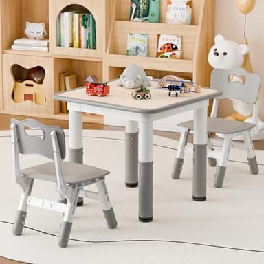 Pterying Kids Table and 2 Chairs Set, Height Adjustable Toddler Table and Chair Set, 23.6" L x 23.6" W Children Multi-Activity Table for Ages 2-8, Graffiti Desktop, Daycare, Classroom, Home (Grey) - Image 7