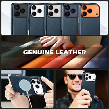 SHIELDON Genuine Leather Case for iPhone 17 Pro 6.3 Inch 2025, Compatible with Magsafe, Magnetic Wireless Charging, Slim Fit, Non-Slip, Anti-Scratch, Shockproof, Metal Button, Camera Bezel - Navy Blue - Image 9