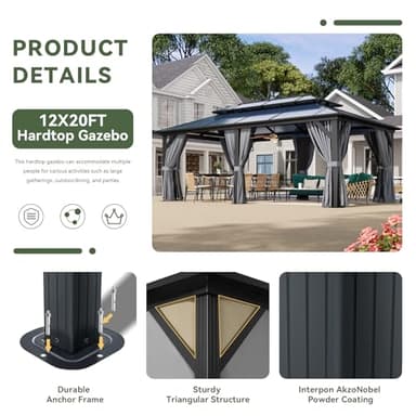 Aoxun 12'x20' Hardtop Gazebo, Aluminum Frame Permanent Pavilion with Curtains and Netting, Outdoor Polycarbonate Double Roof Canopy, Designed for Garden, Lawns, Patio, Gray - Image 6
