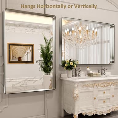 LOAAO 60X40 Inch Brushed Nickel Bathroom Mirror, Rounded Rectangle Silver Metal Frame Mirror, Brushed Nickel, Anti-Rust, Shatter Proof, Hangs Horizontally or Vertically - Image 4