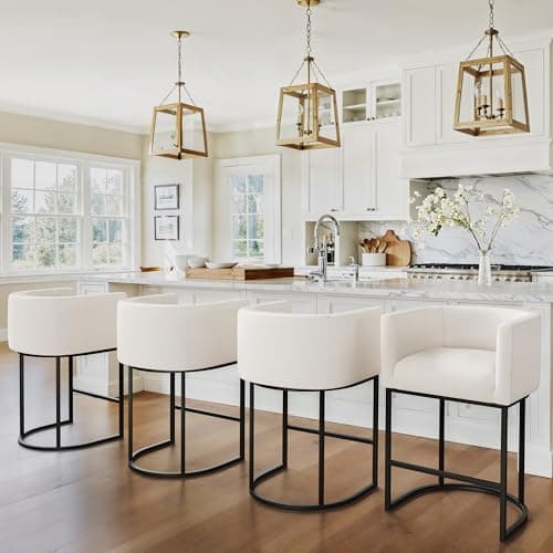 LUE BONA 27" H Counter Height Bar Stools Set of 3, Modern Barrel Counter Stools with Backrest and Arms, Black Metal Frames, Linen Fabric Upholstered Accent Barstools for Kitchen Island, Beige - Image 1