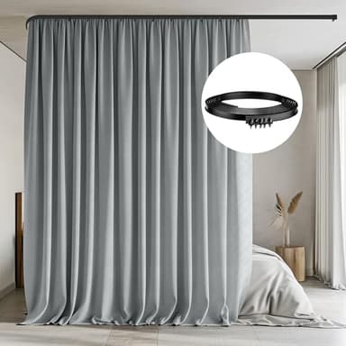 MaKefeile Room Divider Curtains with Flexible Ceiling Tracks Set,Blackout Curtain Ceiling Mount Curtain Track Privacy Room Dividers Ceiling Track Curtain Rod(Grey Drape & Black Rail W 10 × H 8 FT) - Image 1