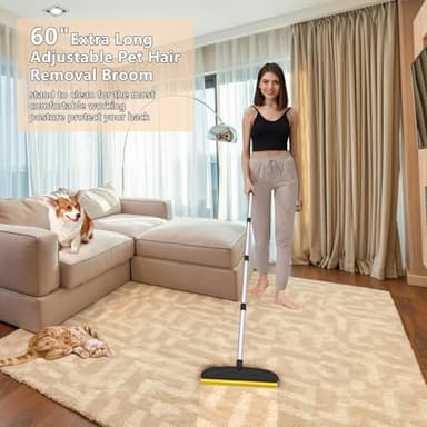 2 in 1 TPU and Copper Rake Teeth Carpet Rake for Pet Hair Removal,60inch Adjustable Long Handle Pet Hair Remover Tool,Reusable Cat Dog Hair Rake Broom,Lint Remover Scraper for Carpet,Bed(Black-Silver) - Image 2