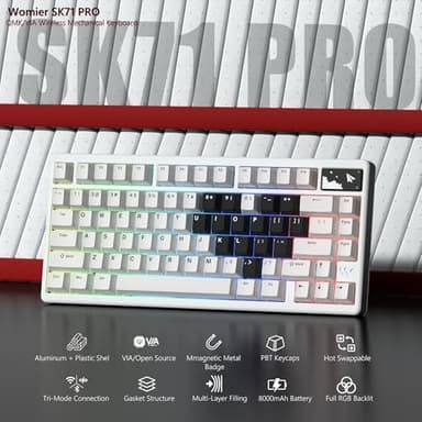 Womier 75% Keyboard Wireless, Creamy Mechanical Keyboard Gaming QMK/VIA, CNC Aluminum with 8000mAh Battery, Tri-Mode Key Board Custom Hot Swappable RGB Backlit for Windows/Mac/PC (SK71 PRO-White) - Image 4