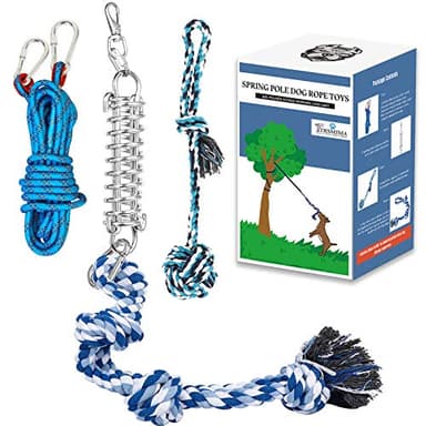 TT TRSMIMA Spring Pole Rope Toys: Rope Pull & Tug of War with a Big Spring Pole Kit & 2 Strong 16ft Toys - Muscle Builder Interactive Toy for Pitbull Medium to Large Dog - Image 1