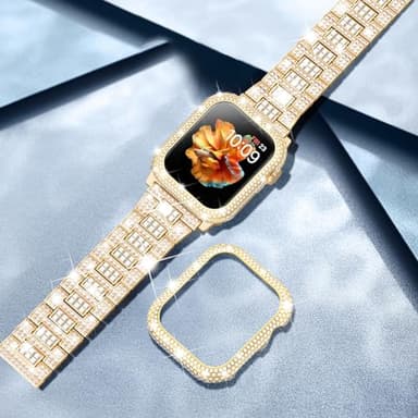 Mosonio Compatible with Bling Apple Watch Band 45mm with Shiny Metal Case for Women, Full Sparking Luxury Diamond Bands and Cover Set, Cute Charming Strap for iWatch SE Series 9/8/7(Gold, 45mm) - Image 6