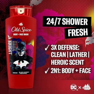 Old Spice Body Wash for Men, Batman: Dark Night, 3X Defense, 24/7 Shower Fresh with Lasting Scent, Cleansing 2-in-1 Body & Face Wash, Smell Like a Hero, Black Cherry and Nightfall Scent, 24 oz - Image 2