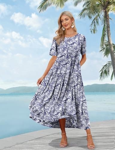 YESNO Women Casual Loose Bohemian Floral Dress with Pockets Short Sleeve Long Maxi Summer Beach Swing Dress 4XL EJF CR148 - Image 2