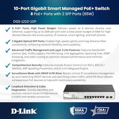 D-Link 10-Port Gigabit Smart Managed PoE+ Switch | 8 PoE+ Ports (65W) + 2 SFP Ports | L2+ | VLANs | Web Managed | Surveillance Mode | Desktop or Rackmount | Fanless | NDAA Compliant DGS-1210-10P - Image 4