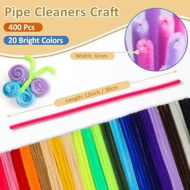 POIKSHARK 400 PCS 20 Colors Thick Pipe Cleaners Craft, Multi-Colored Chenille Stems for Craft Supplies & Materials, Fuzzy Pipe Cleaners Bulk for DIY Arts Projects, Rainbow Pipe Cleaners(12inch*6mm) - Image 2