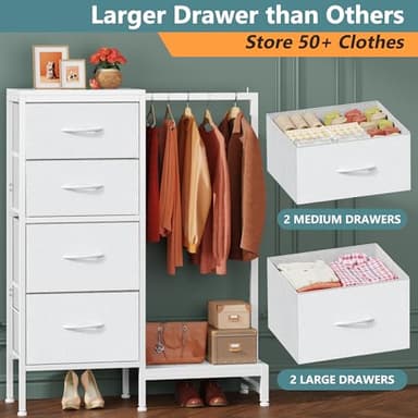 HIGDBFE Dresser with Hanging Rack, 4 Drawers Small Closet for Bedroom, Reversible Fabric Chest of Drawers with Clothes Rack, Tall Storage Tower, Sturdy Frame, White, 44''H - Image 6