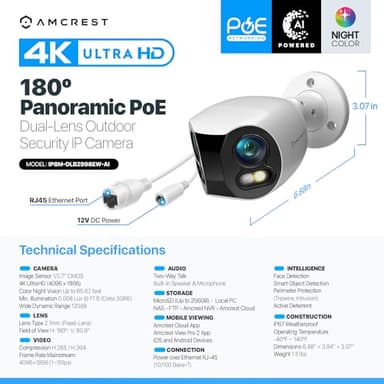 Amcrest Dual-Lens 4K (8MP) Outdoor Security POE Camera, 2 x 4MP Lenses PoE AI Bullet IP Camera, 65ft Night Color, Face Detection, Panoramic 180° FOV, 4K@15fps IP8M-DLB2998EW-AI (White) - Image 8