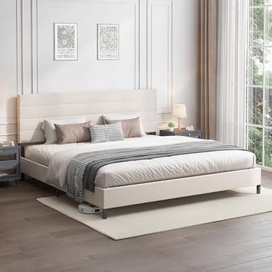 Furnihome King Size Bed Frame, Modern Upholstered Bed Frame King with Adjustable Linen Headboard, Wooden Slats Support Platform, No Box Spring Needed,Easy Assembly,Beige - Image 3