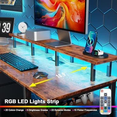 Furologee 61" Computer Desk with Power Outlet and LED Lights, Desk with Fabric File Cabinet Drawer, Large Reversible Table with Shelves and Monitor Stand, Writing Study Table for Home Office - Image 4