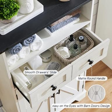 ACCOHOHO Bathroom Floor Cabinet, Farmhouse Storage Cabinet, 24" Wide Cabinet with Drawer, Adjustable Shelf, Barn Doors, Cabinets for Bathroom, Kitchen, Living Room, Off White - Image 4