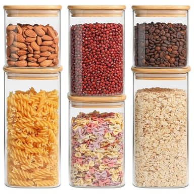 ComSaf Airtight Glass Storage Canister with Lids (0.7Qt/1.2Qt/1.6Qt) Set of 6, Food Storage Container Kitchen Pantry Storage Jar, Glass Jars for Flour Cereal Sugar Tea Coffee Beans Snacks, Square - Image 1