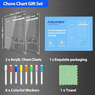 PigPotParty Acrylic Magnetic Chore Chart for Kids on Fridge – 2 Pack 9.5"x12" Weekly Dry Erase Chore Board with 8 Fine Tip Colorful Markers and 1 Towel – for Multiple Kids, Teens and Family - Image 9