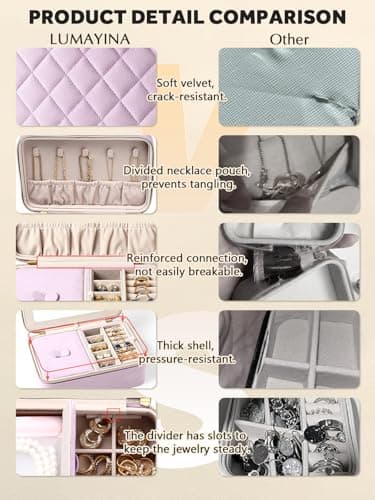 Lumayina Velvet Travel Jewelry Box with Large Mirror, Double-Layer Jewelry Organizer Case for Women and Girls, Portable Storage Case with 6 Anti-Tarnish Bags Gift Ready for Her (Lavender) - Image 6