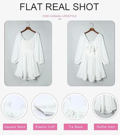 Dokotoo Women's Lantern Long Sleeve Dresses Tie Back Square Neck Fall Dresses Ruffled Off Shoulder A-Line Midi Dress Casual Mini Dress for Women White Medium - Image 3