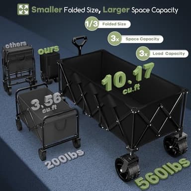 Hikemoon 48"L Collapsible Wagon Cart Foldable, 560LB Weight Capacity 300L Heavy Duty Folding Beach Wagon with All-Terrain Big Wheel, Utility Wagon for Grocery, Shopping, Garden, Sports, Camping, Black - Image 3