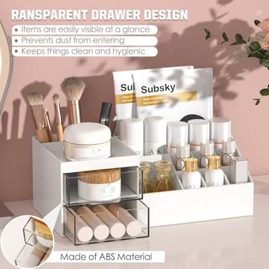 Subsky Makeup Organizer with Drawers, Easy Storage for Beauty Products Brushes, Multifunction Plastic Desk Organizer, Cosmetics Organizer for Countertop Dresser Vanity and Bathroom (White) - Image 6