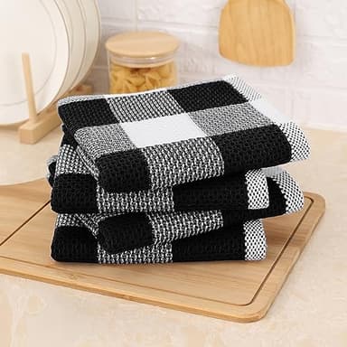 Mordimy 100% Cotton Waffle Weave Kitchen Towels, 13 x 28 Inches, Super Soft and Absorbent Buffalo Check Dish Towels for Drying Dishes, 4-Pack, Black & White - Image 8