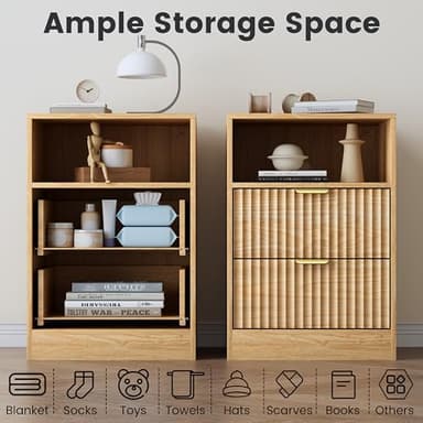 Wodeer LED Nightstand with Charging Station, Fluted Nightstand Set of 2, Wood Nightstands with 2 Drawers & Metal Handles, Modern Bedside Table & End Tables, Farmhouse Night Stands for Bedroom, Natural - Image 6