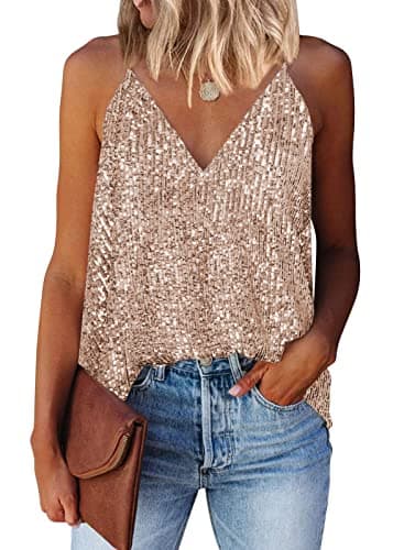 miduo Women's Tank Tops Summer Spring Fashion Sequin V Neck Racerback Tanks Tops Cami Shirts Sleeveless Tops Blouses Going Out Gold M - Image 1