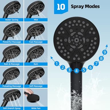 Hibbent All Metal High Pressure Rainfall 10 Inch Shower Head/Handheld Showerhead Combo/ 12 Inch Adjustable Curved Shower Extension Arm, 10-Spray, 71-inch Hose, Adhesive Showerhead Holder, Matte Black - Image 7