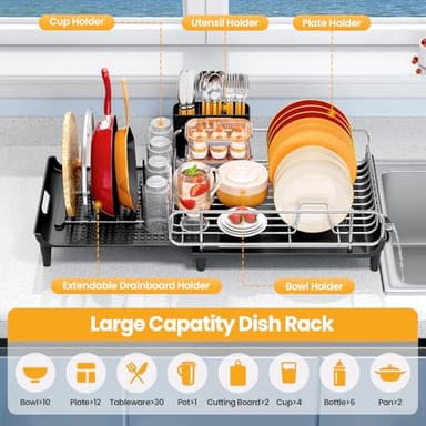 TOOLF Expandable Dish Rack, Dish Drying Rack for Kitchen Counter, Foldable Dish Dryer Rack, Stainless Steel Dish Drainer Racks with Cutlery Holder, Collapsible Dish Drying Racks Large Size,Black - Image 2