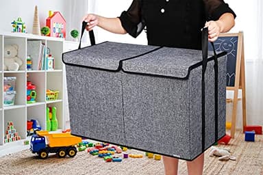 YOLOXO Large Kids Toy Box Chest Storage organizer with Double Flip-Top Lid - Collapsible Sturdy Toy Organizers And Storage Bins With Big Handles For Nursery, Playroom, 26.8"x13.8"x16"(Grey) - Image 2