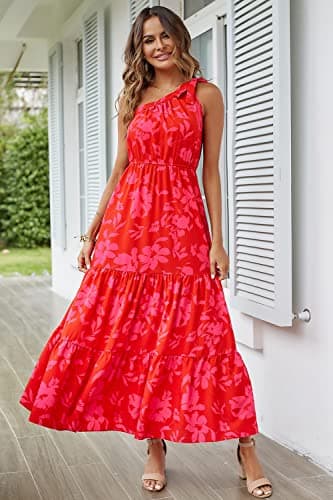 PRETTYGARDEN Women's Summer Floral Maxi Dress Knot One Shoulder Sleeveless Ruffle Flowy Boho Beach Wedding Guest Dresses (Red Floral,Small) - Image 5