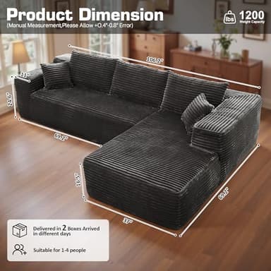 106" Cloud Sectional Couch with Chaise Lounge,L Shaped Modular Modern Sofa,Comfy Corduroy Fluffy Sofa with Deep Seat,No Assembly Required Couch for Living Room(Right,Plush Corduroy,Gray) - Image 2