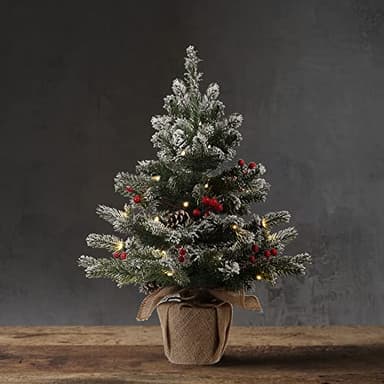 24 Inch 2 FT Pre-lit Snowy Mini Christmas Tree, DECSPAS Small Tabletop Flocked Christmas Tree with 20 LED Lights Red Berries Pine Cones and Cloth Bag Base Xmas Decorations for Holiday Party (Color A) - Image 6