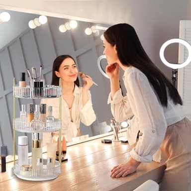 360° Rotating Makeup Organizer, Large-Capacity Skincare Make Up Storage 3 Tier Perfume Organizers Cosmetic Dresser Organizer with Makeup Brush Holder, Fits Bedroom, Bathroom, Vanity Shelf Countertop - Image 2