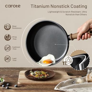 CAROTE Titanium Pan Non Stick Frying Pans, 8/9.5/11 Inch Nonstick Skillet Chef's Pan with lid, Compatible with All Stoves, 8'' - Image 3