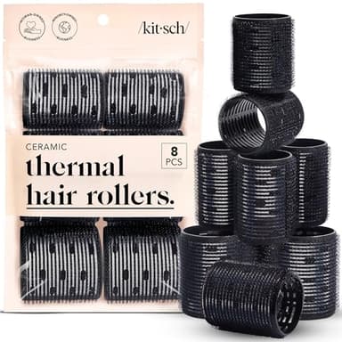 Kitsch Ceramic Thermal Hair Rollers for Women – Self Grip Hair Curlers for Heatless Curls Overnight - Volumizing Large Rollers for Short & Long Hair - For Long Lasting Frizz-Free Curls - Black, 8pcs - Image 1