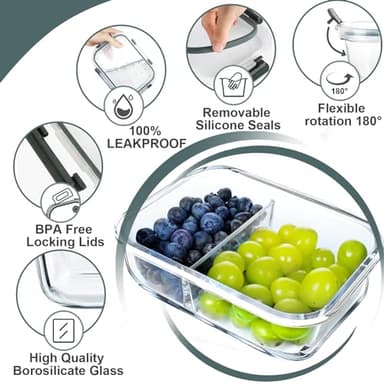VERONES 10 Pack Glass Meal Prep Containers 2 Compartment Set, 30 OZ Airtight Glass Lunch Containers, Glass Food Storage Containers with Lids, for Microwave, Oven, Freezer & Dishwasher Friendly,Grey - Image 5