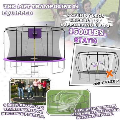 ACWARM HOME 14 FT Trampoline for Kids and Adults, Trampolines with Basketball Hoop and LED Lights,Trampoline Outdoor with Net, ASTM Approved, Purple - Image 2