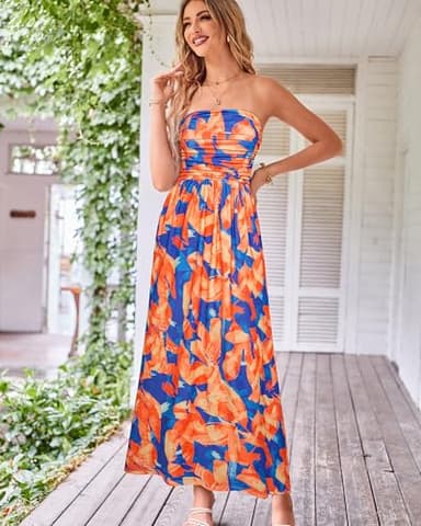 Women's 2024 Summer Bohemian Floral Printed Strapless Beach Party Long Maxi Dress Blue Orange - Image 2