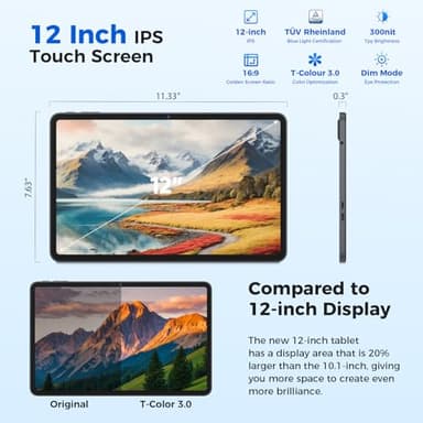 Android 15 Tablets 12 inch, 24GB(8+16)RAM+256 Storage(Expand to 1TB), Android Tablet with Keyboard, Octa-Core, 2K 2000x1200 Display, 16MP Dual Camera, 8000mAh, 5G WiFi,GPS,Bluetooth 5.0(Black Case) - Image 2